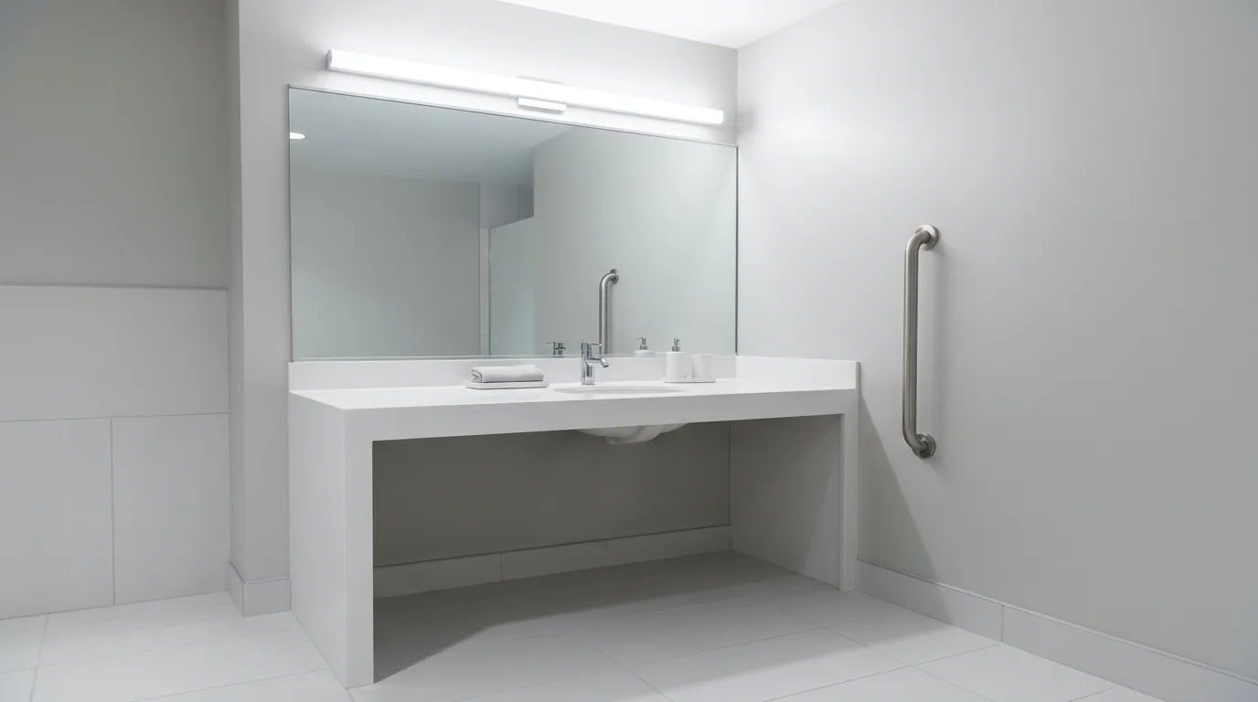 Compact accessible bathroom with wall-mounted sink and slip-resistant tile