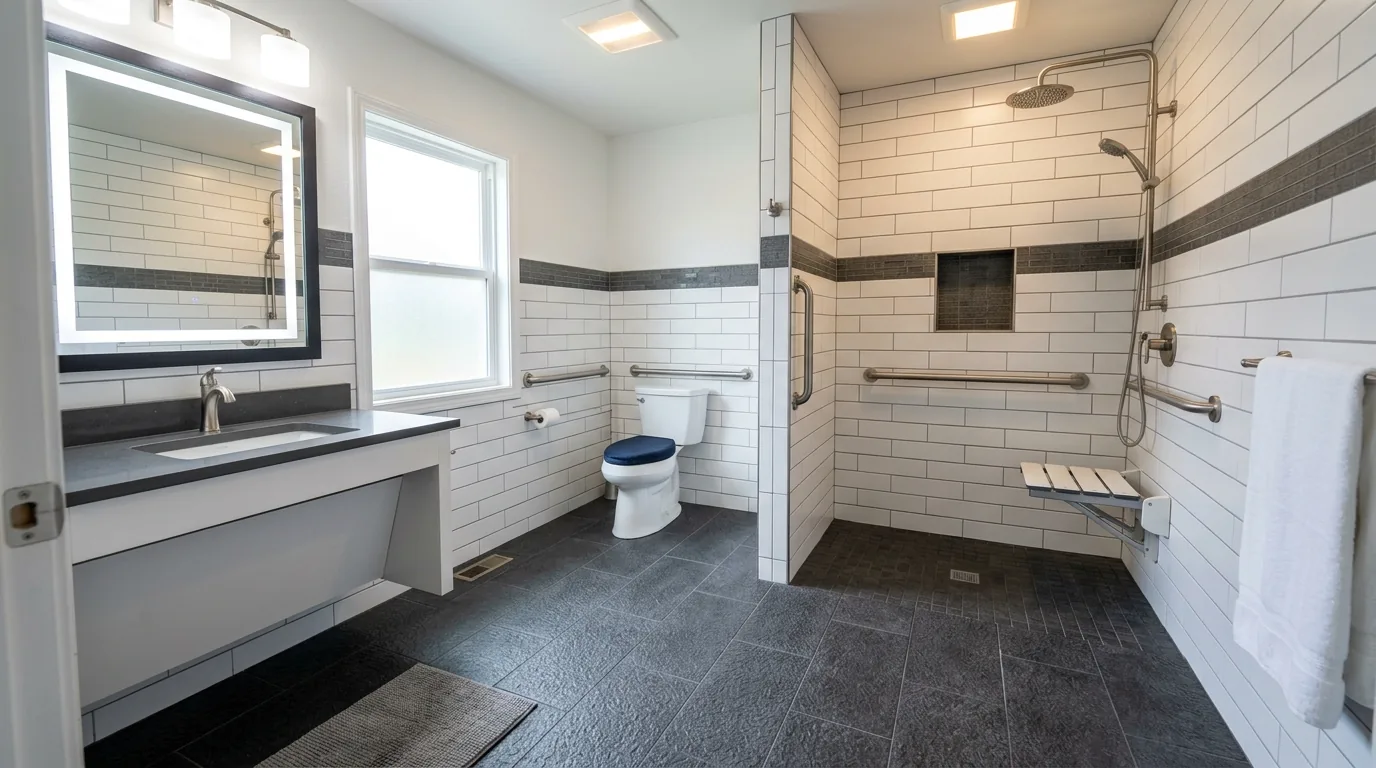 Spa-style senior bathroom with built-in shower seating and soft stone textures