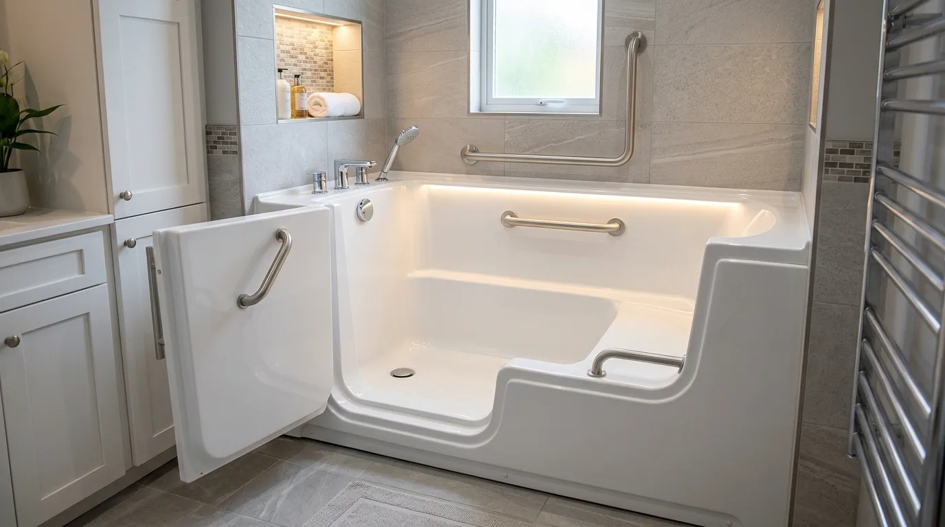 Bathroom with comfort-height vanity and brighter task lighting