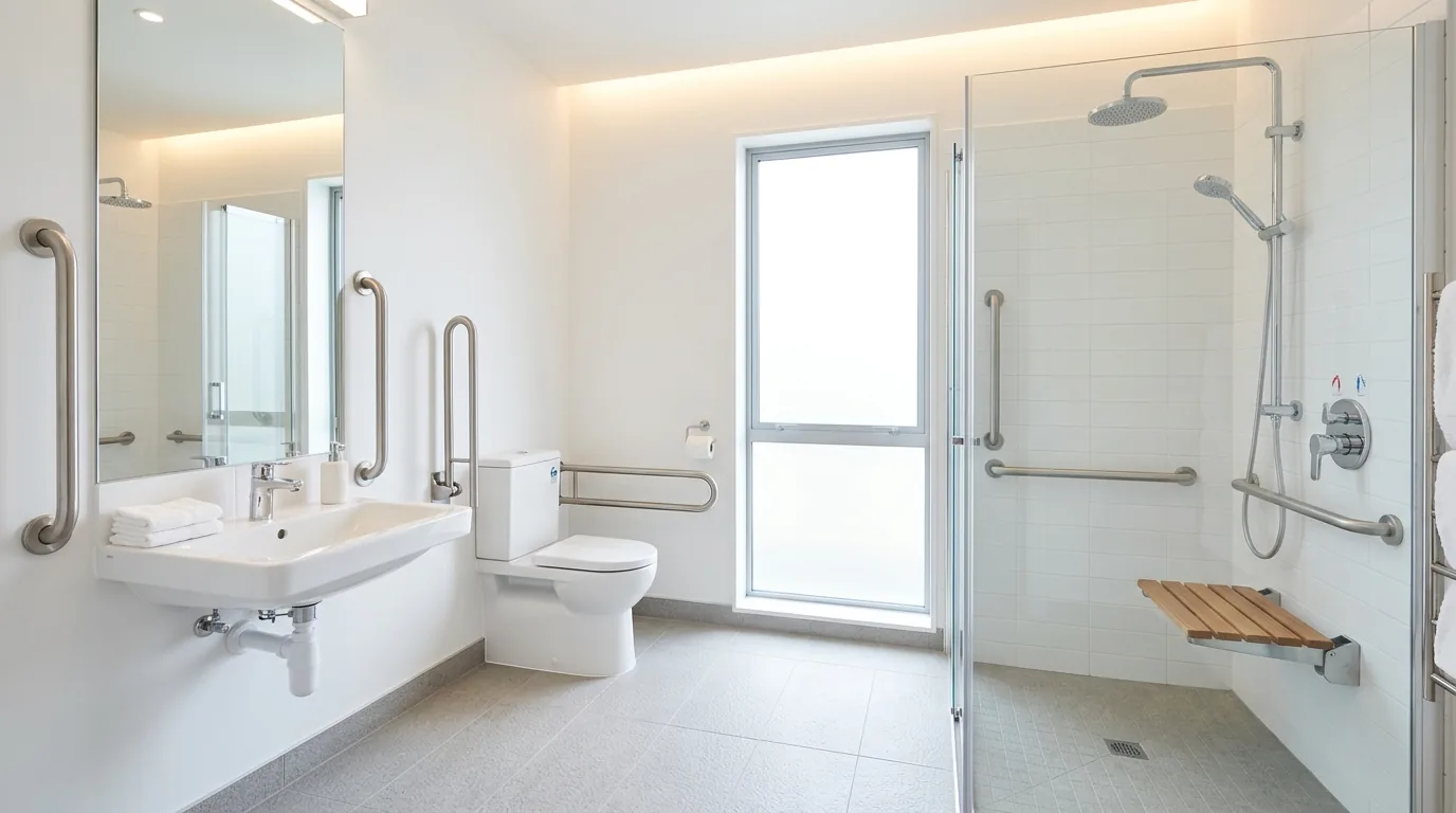 Modern accessible bath with floating vanity and anti-slip flooring