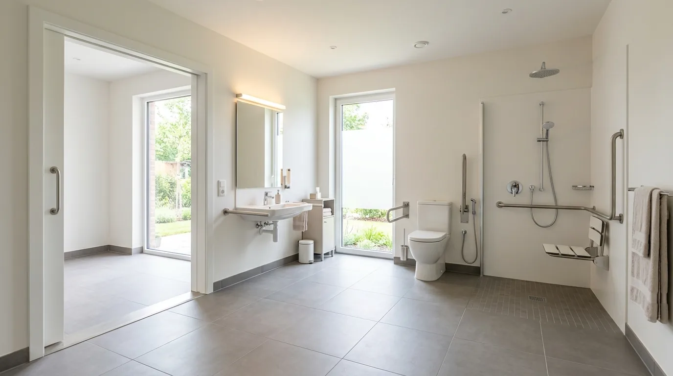 Farmhouse-inspired senior bath with wood vanity and matte black support bars