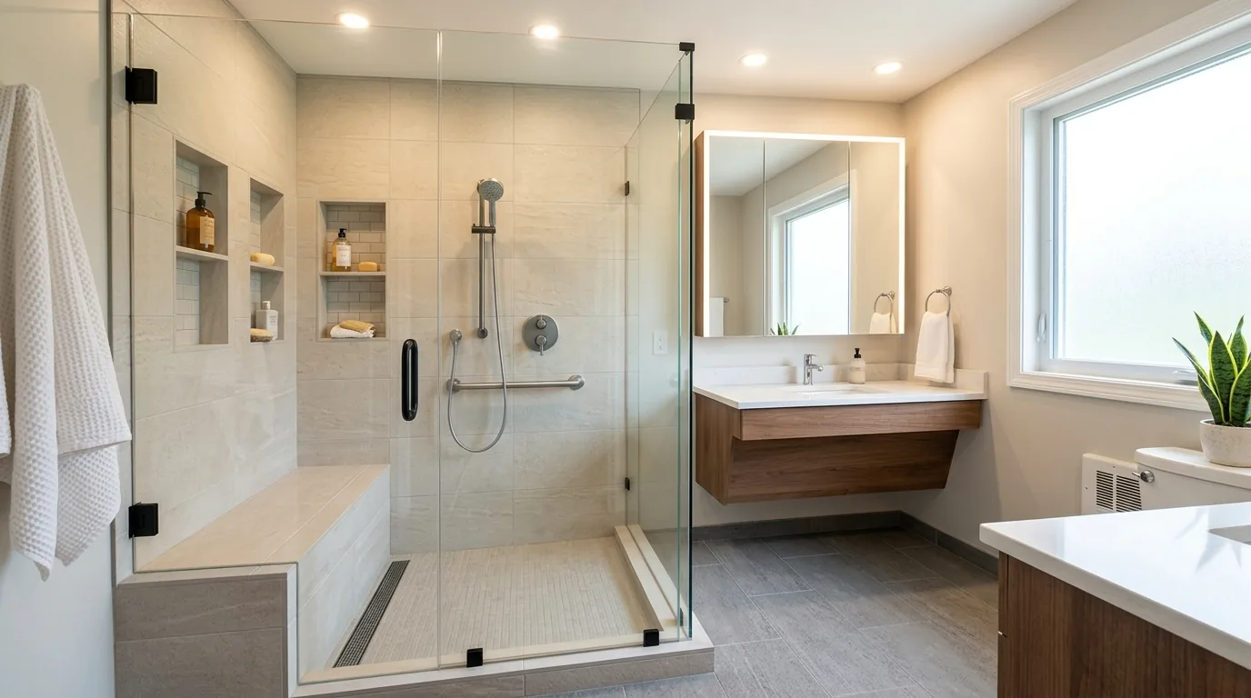Scandinavian bathroom with light woods and curbless shower entry