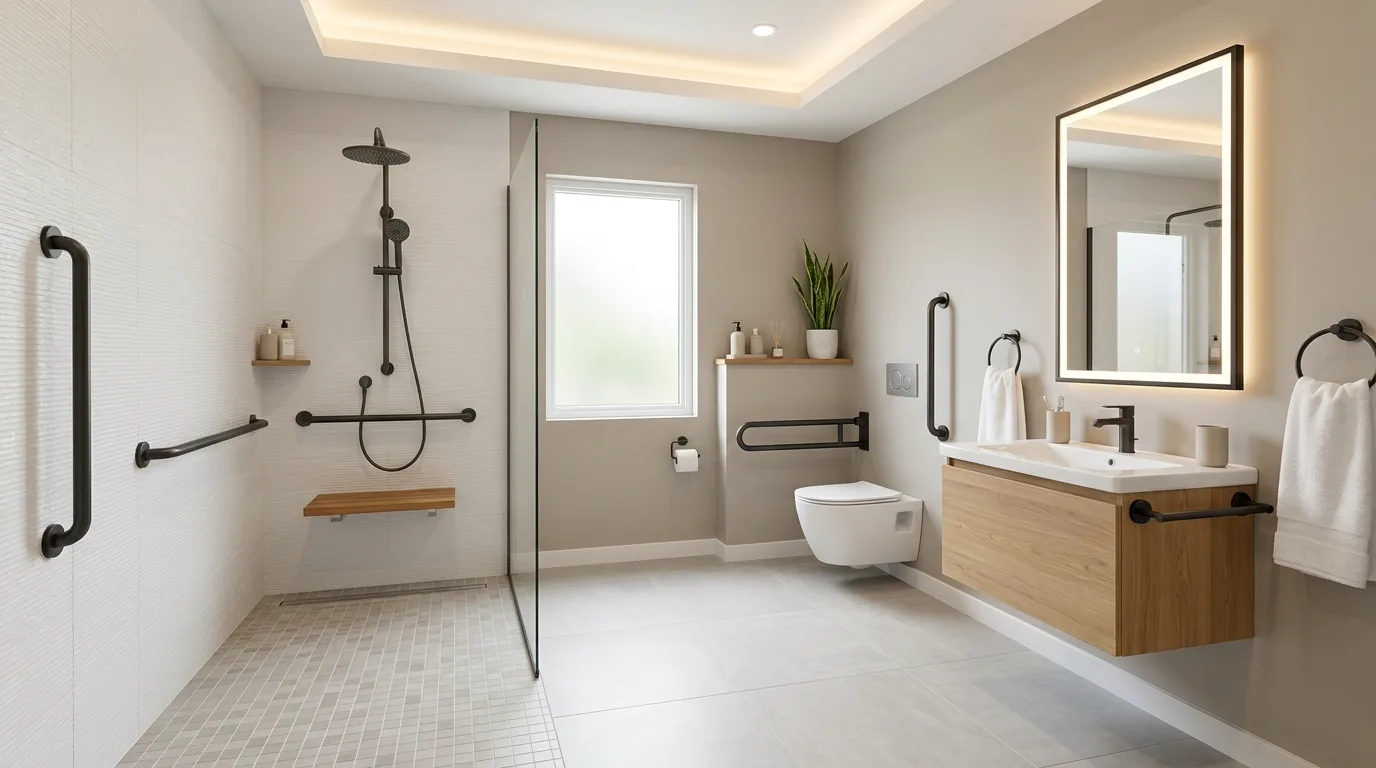 High-contrast bathroom with dark floor and light walls