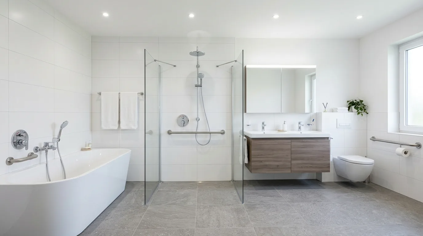 Luxury accessible bathroom with wide shower opening and integrated bench