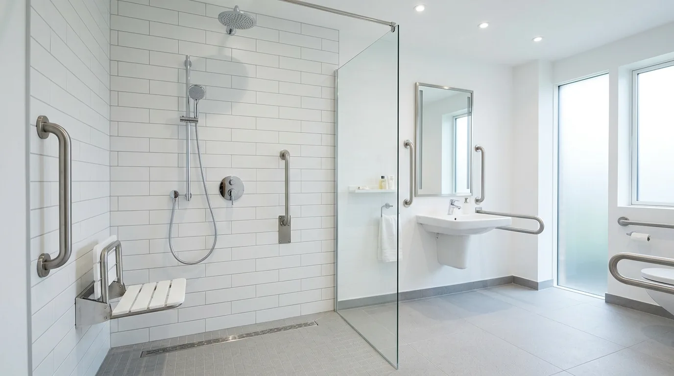 Small bathroom with sliding entry and wall storage