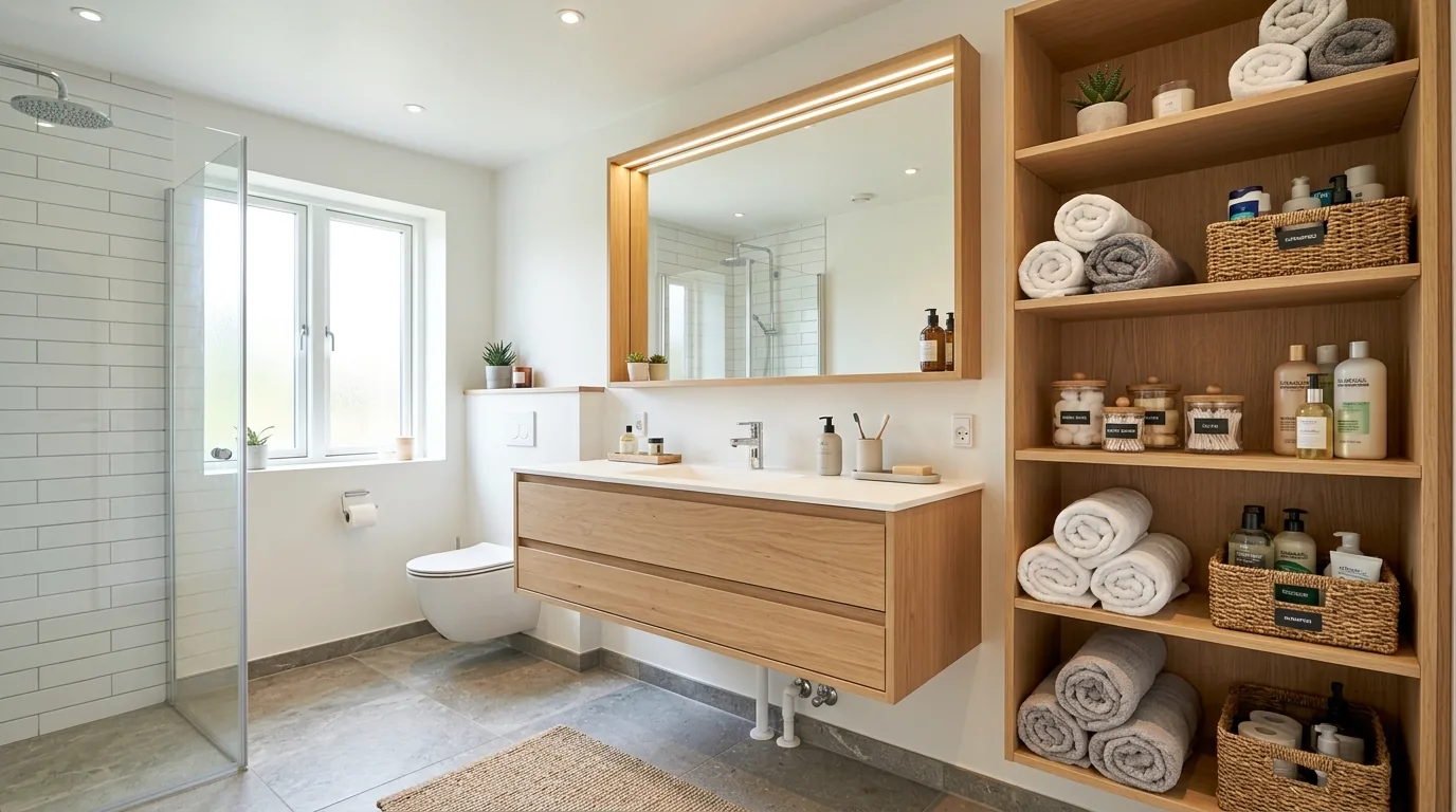 Bright bathroom with rainfall head and hidden support details