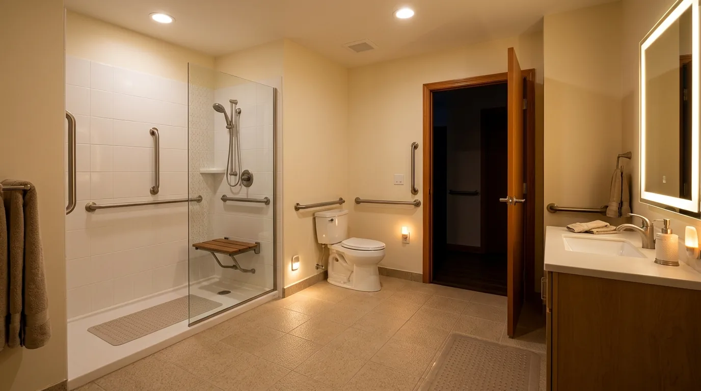 Cinematic accessible bathroom with safer transitions