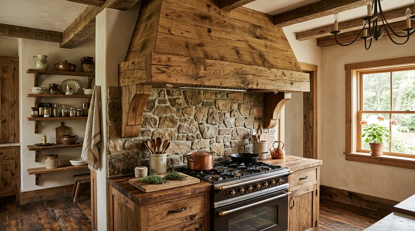 Warm wood hood cover with brass rail detail