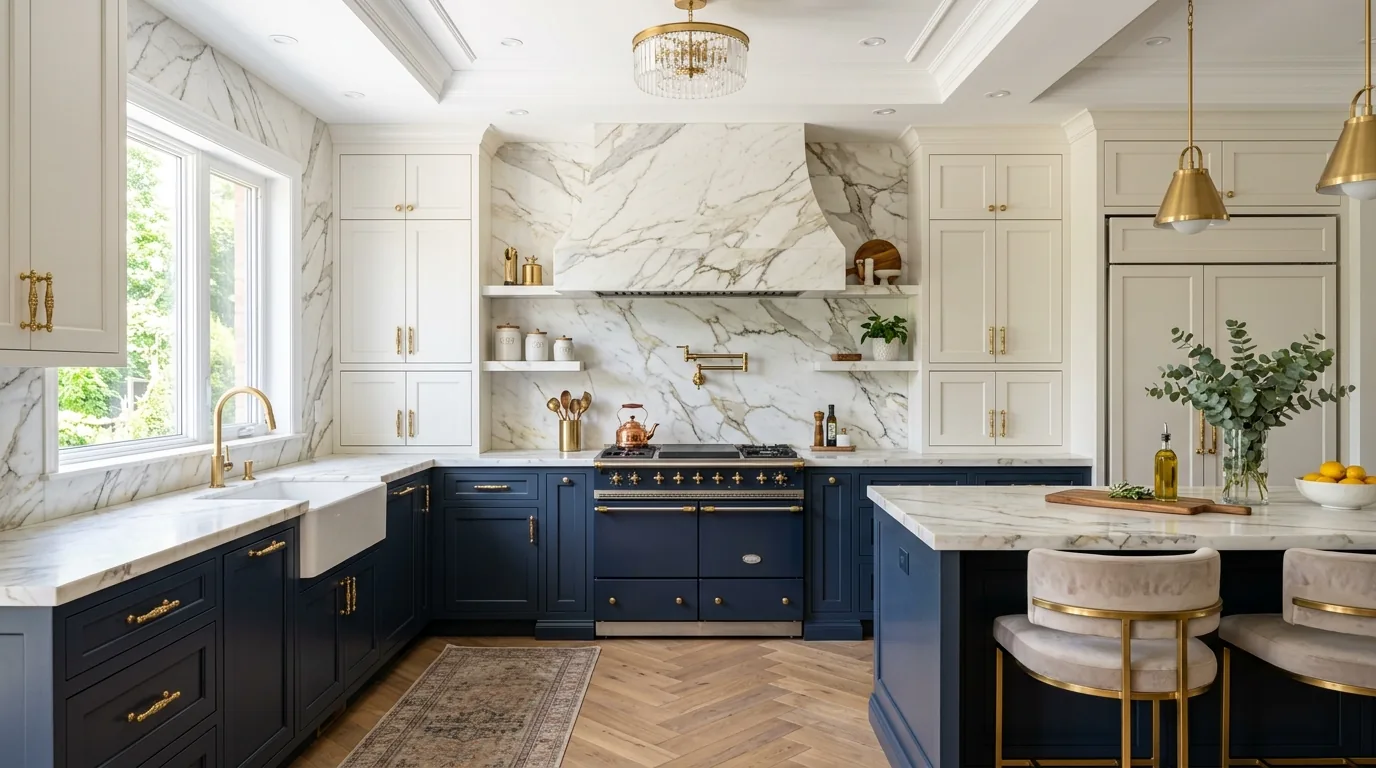 Shaker kitchen with painted hood surround and stone backsplash