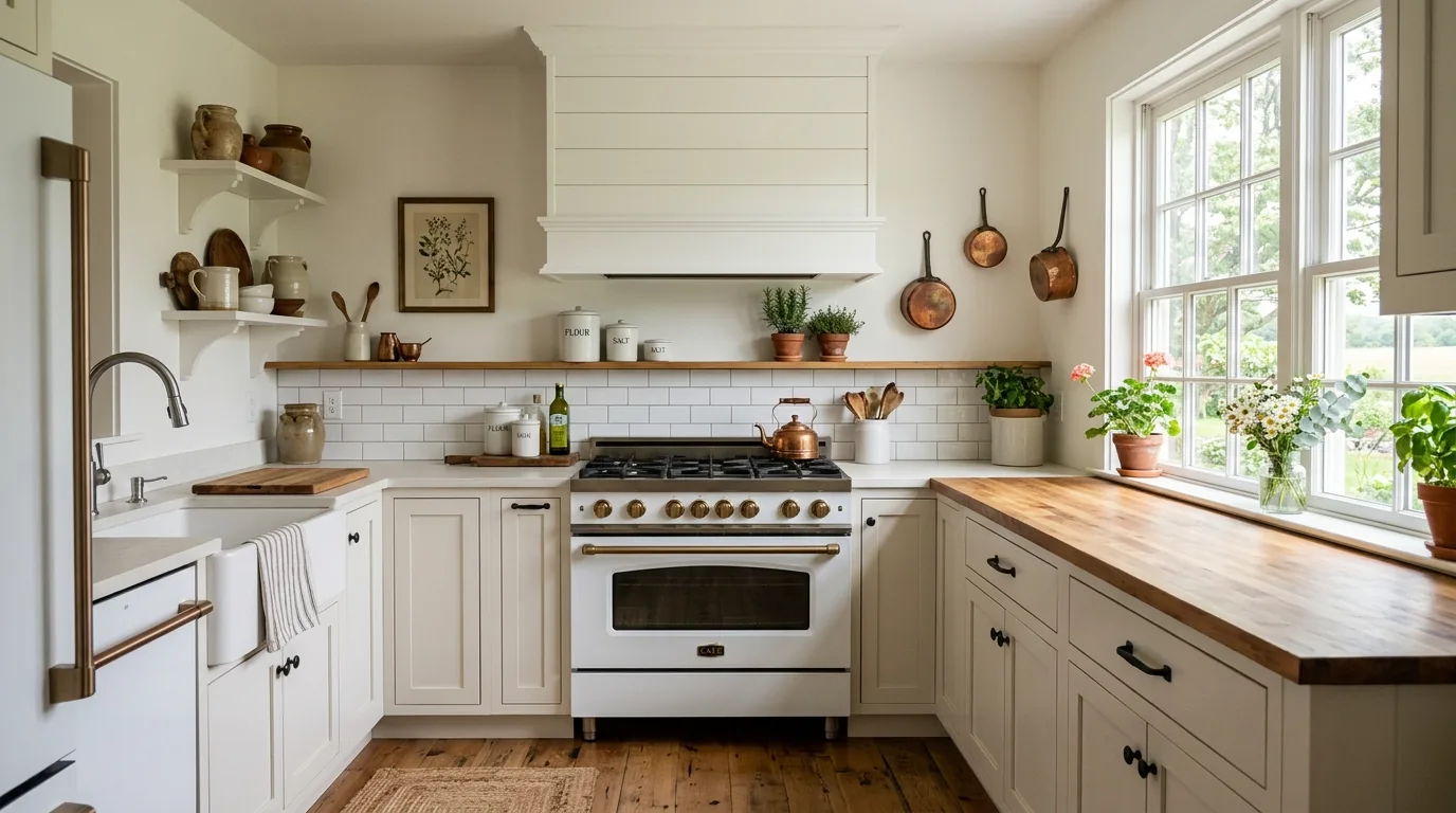 Farmhouse kitchen with substantial wood-trim hood and open shelves