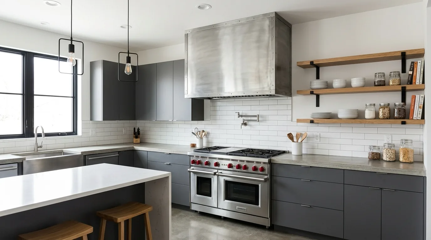 Luxury marble-look hood surround with layered lighting