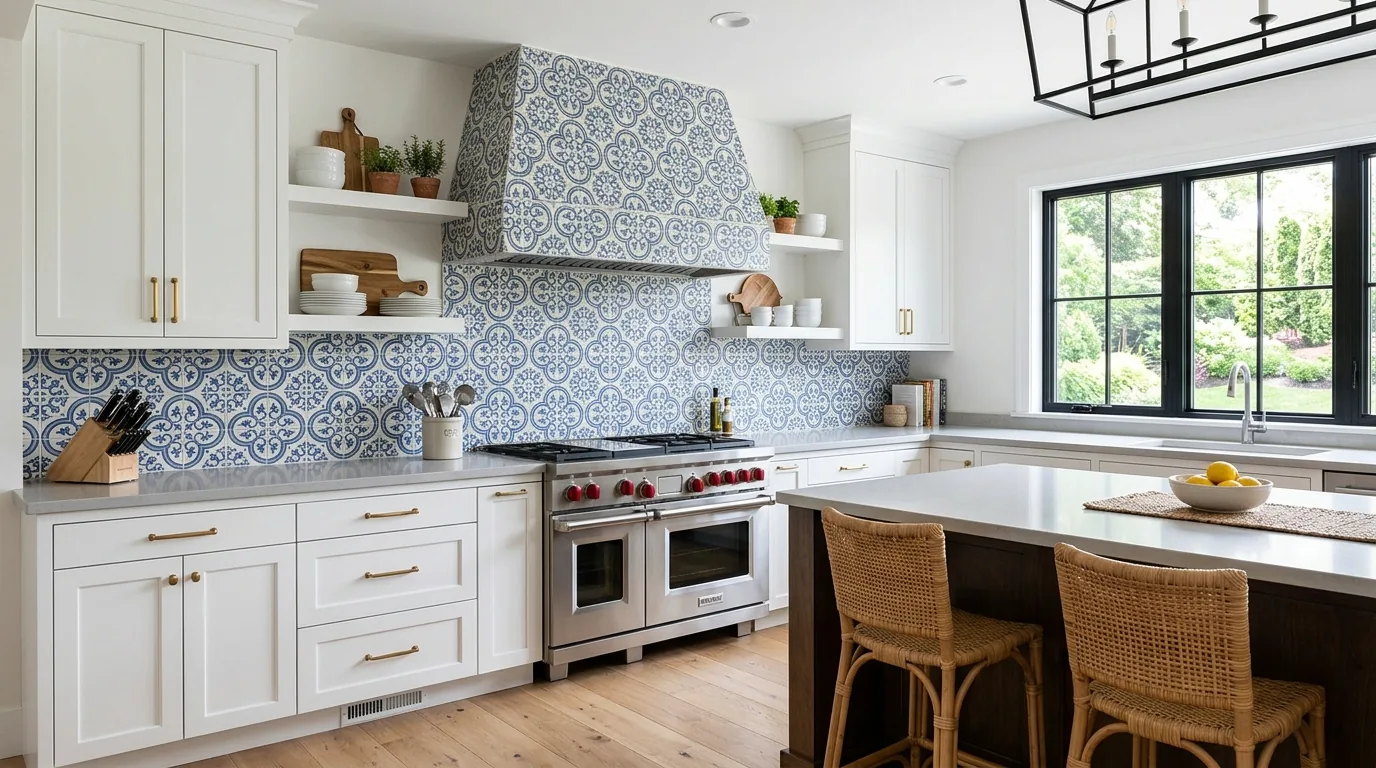 Minimal kitchen with softly curved custom hood and plaster texture