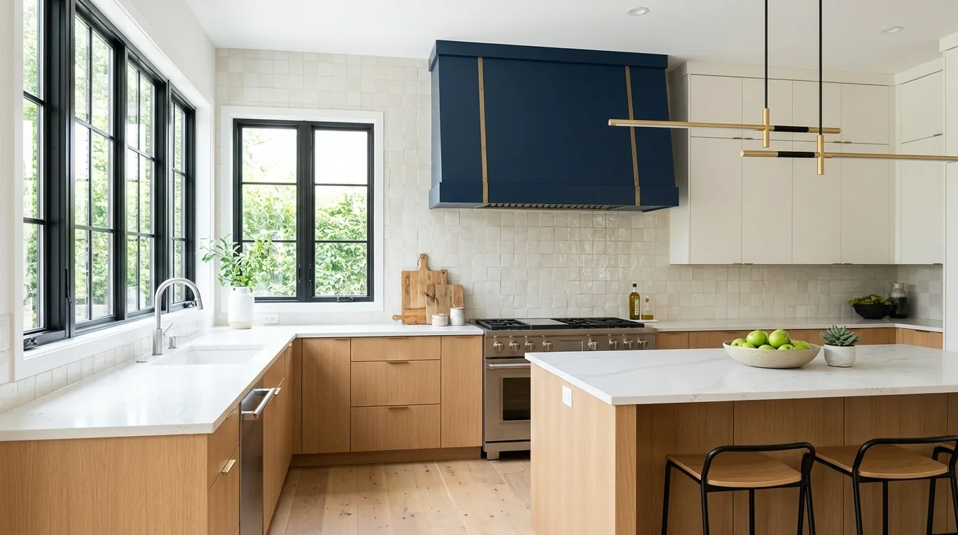 Coastal kitchen with pale blue cabinetry and creamy hood cover