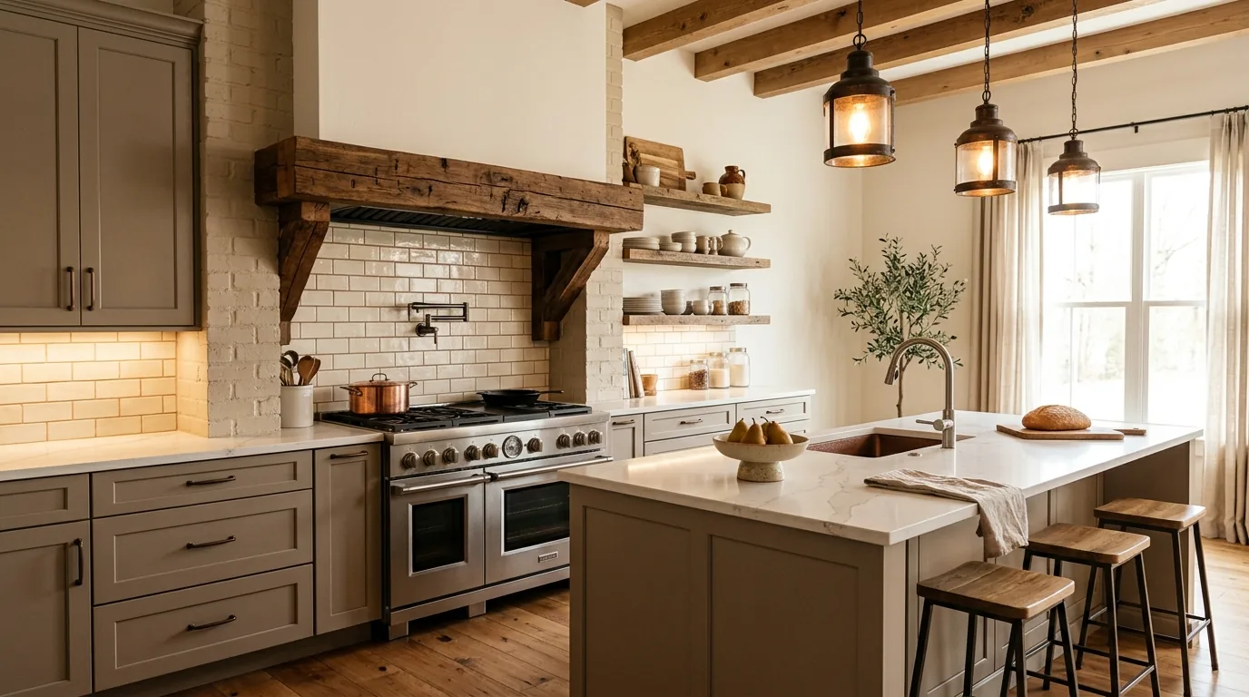 European-inspired kitchen with limestone-toned hood and pot filler