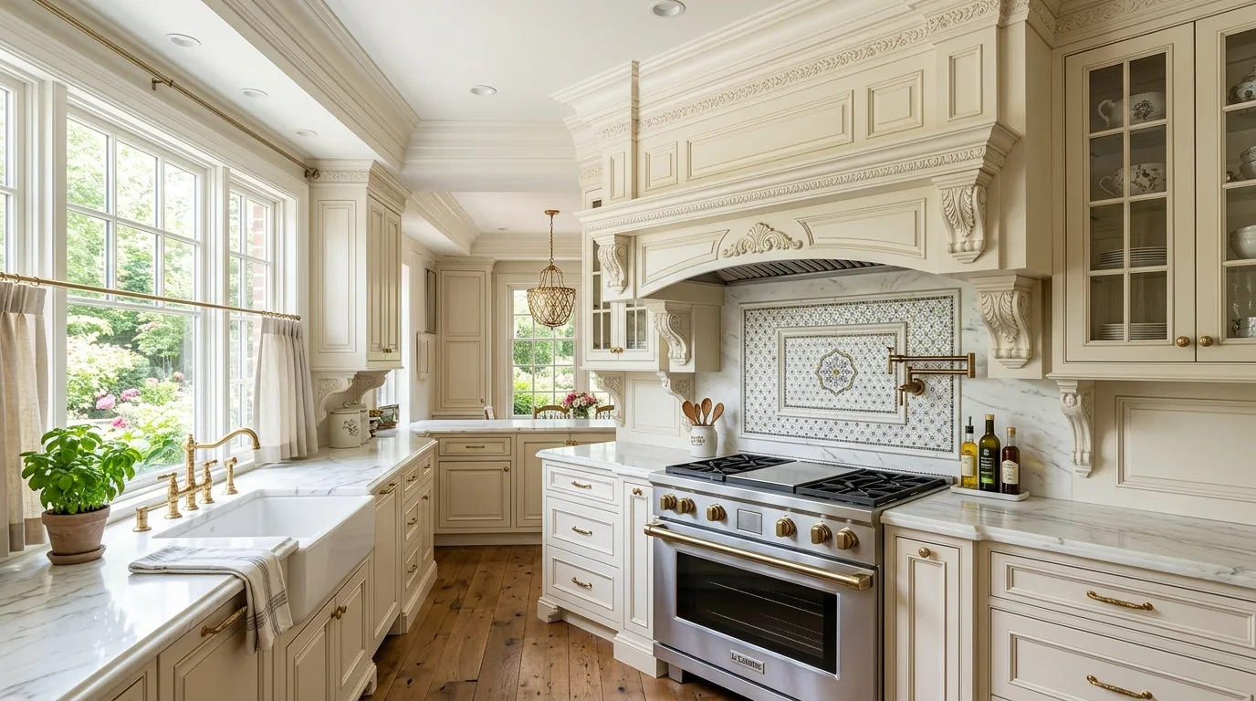 Compact kitchen using custom hood to anchor narrow range area