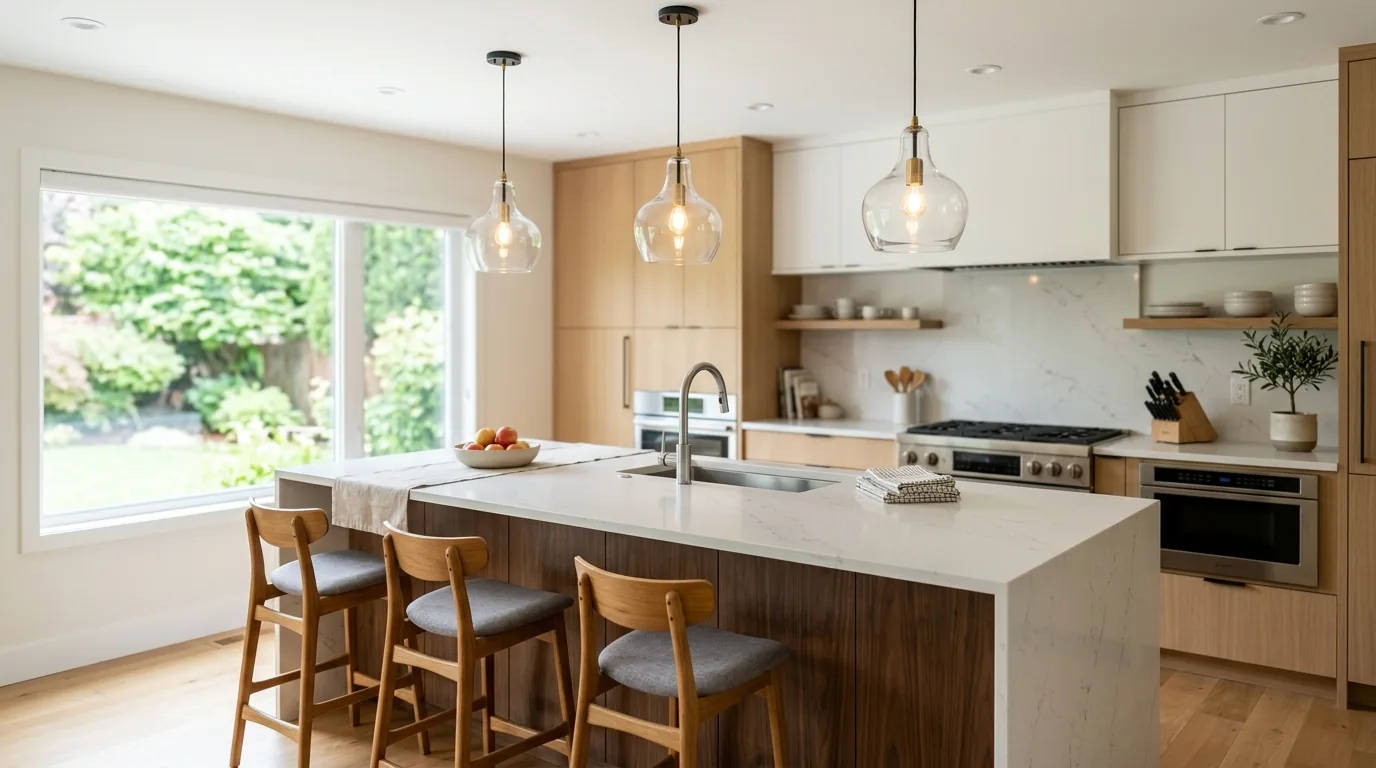 Clustered glass globe pendants over kitchen island