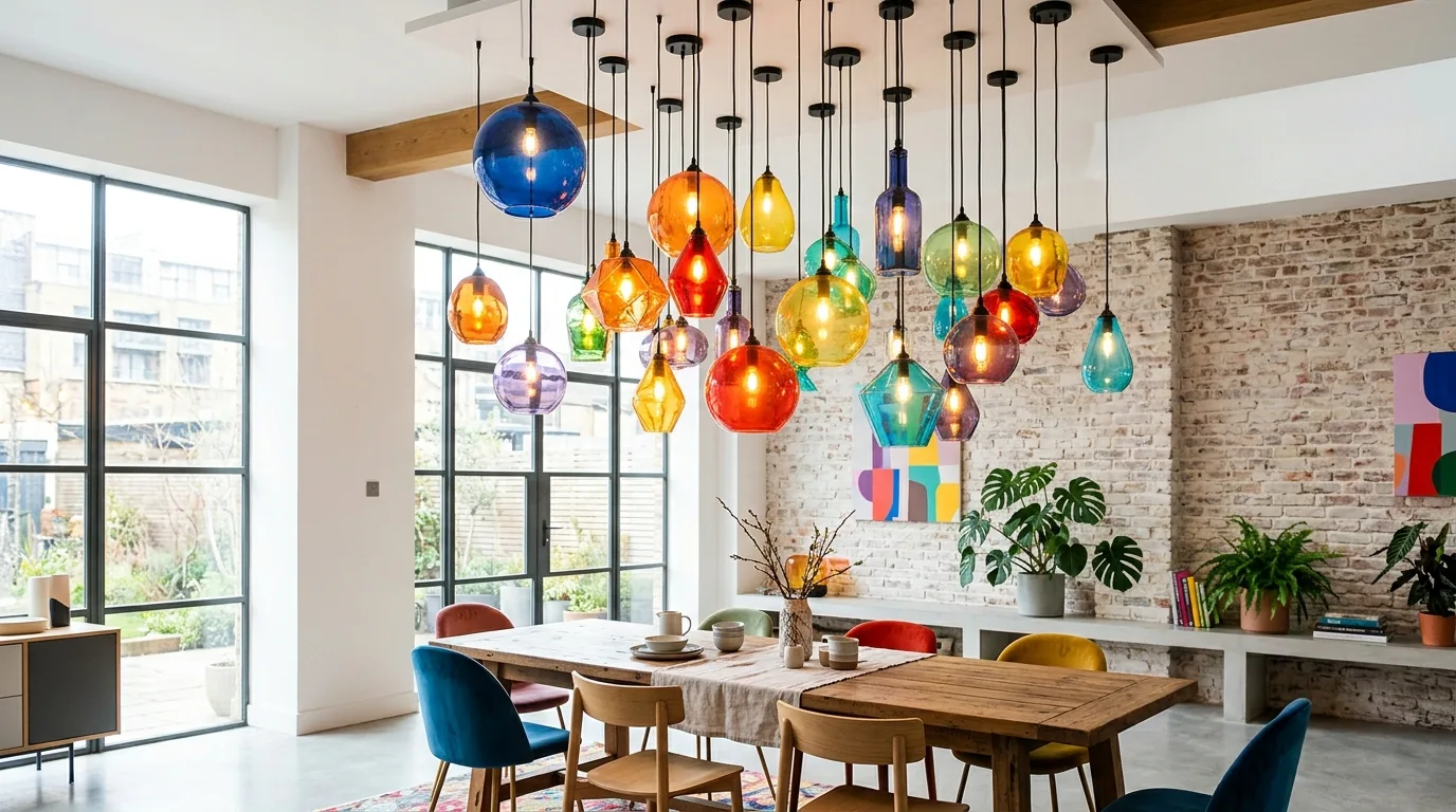 Statement pendant in living room corner above reading chair