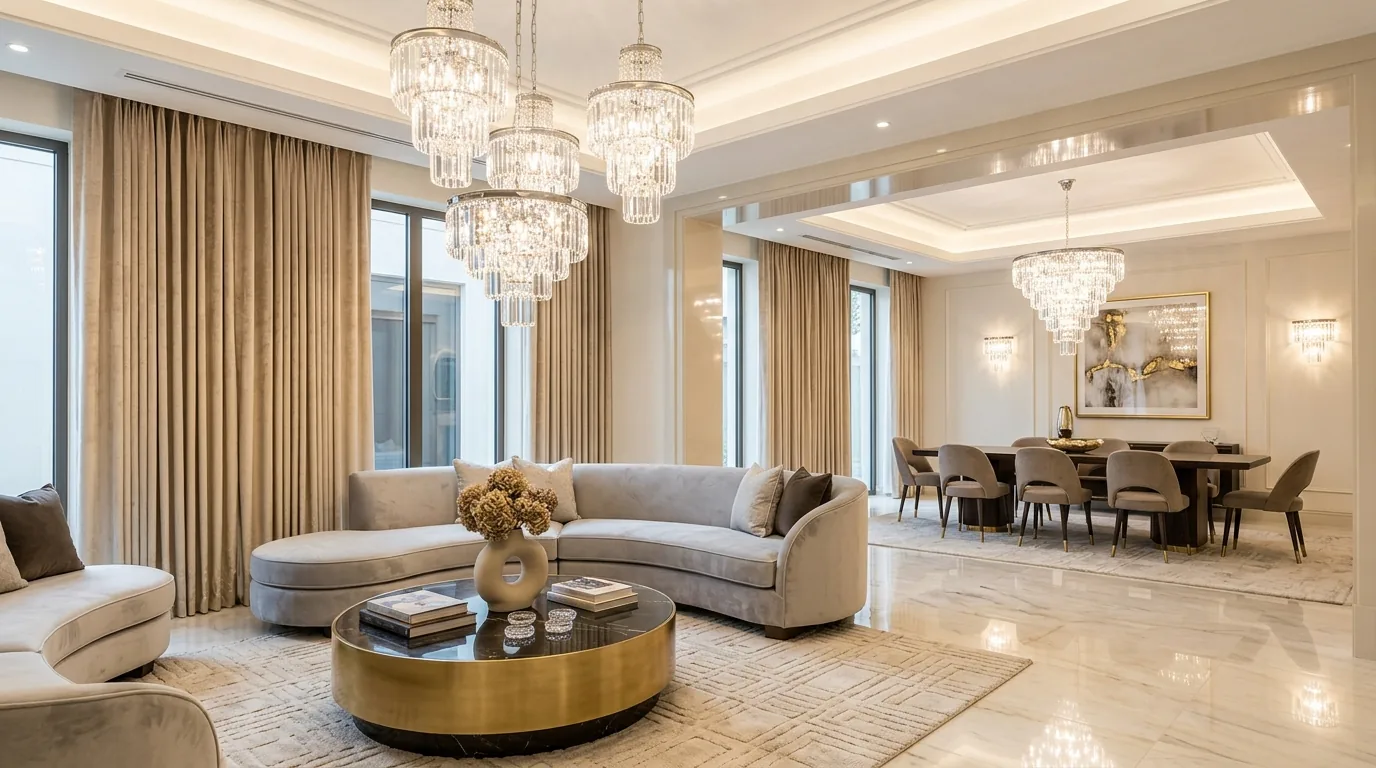 Cinematic pendant lighting arrangement with bold scale