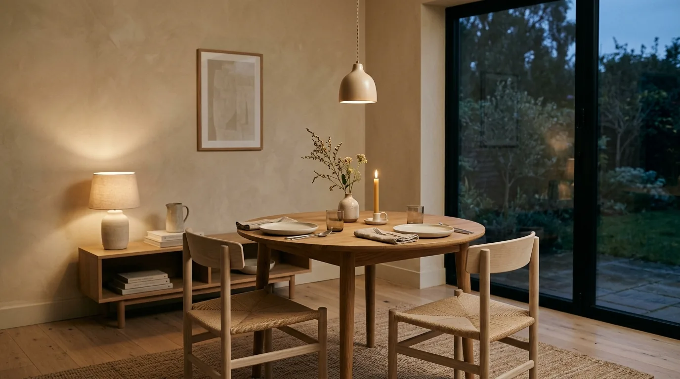 Apartment dining corner with marble cafe table and bentwood chairs