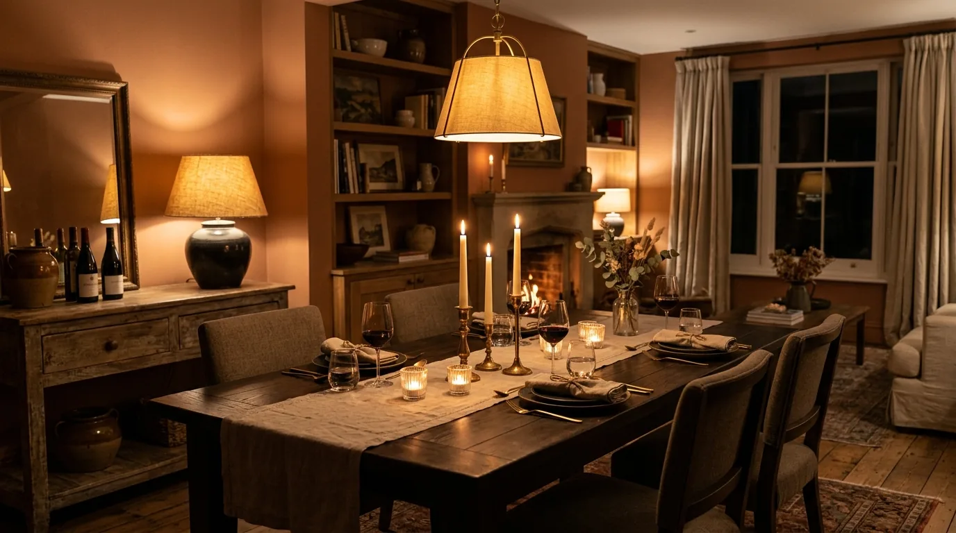 Small dining room with mirror above slim sideboard