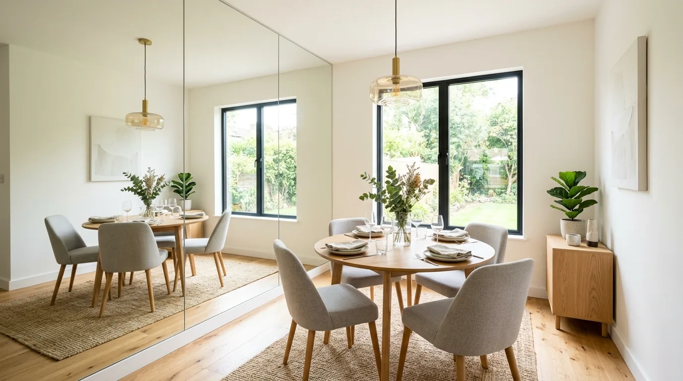 Narrow dining room with bench seating on one side and mixed chairs on the other