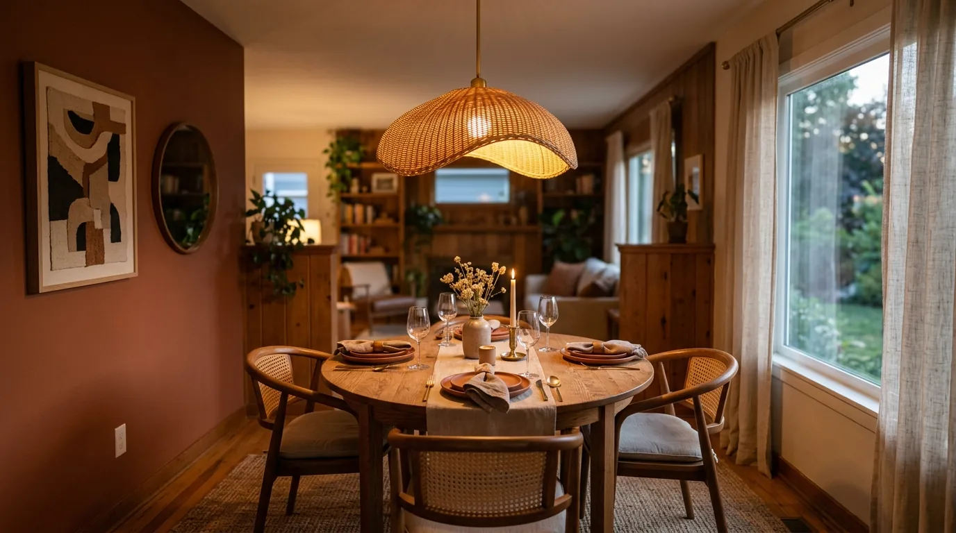 Modern compact dining room with glass-top table and sculptural pendant