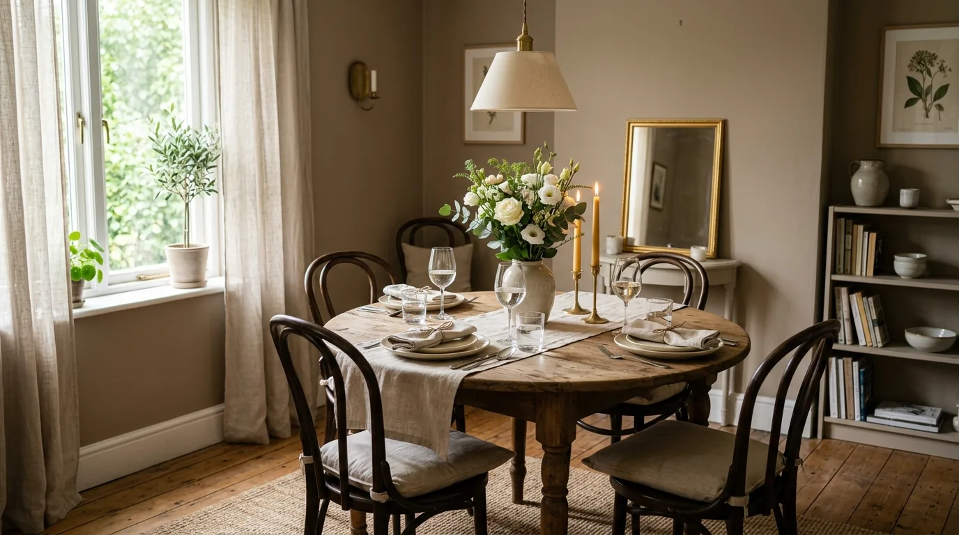 Cinematic small dining room with layered lighting