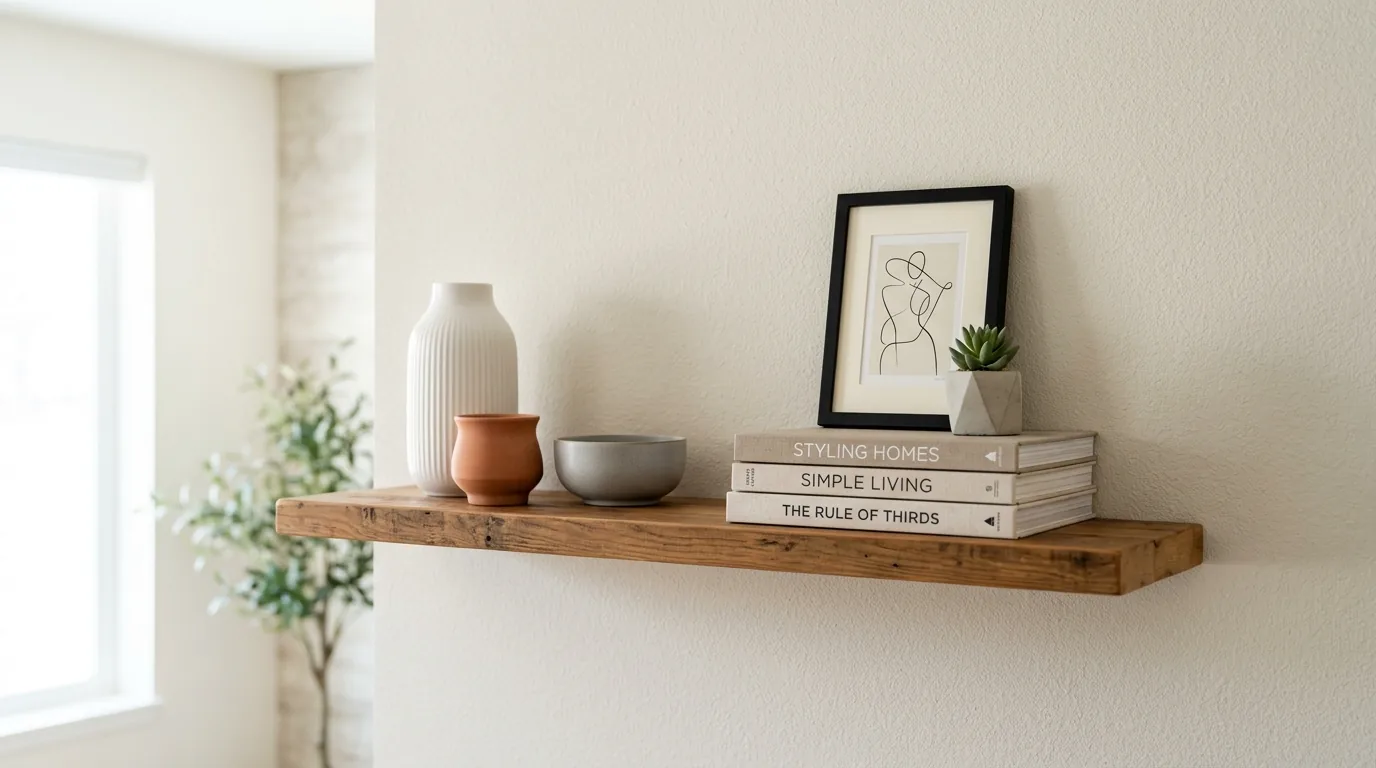 Open shelving with repeated black accents and neutral ceramics