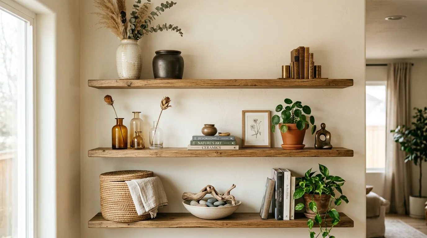 Dark wood bookcase styled with sculptural objects and stacked linen books