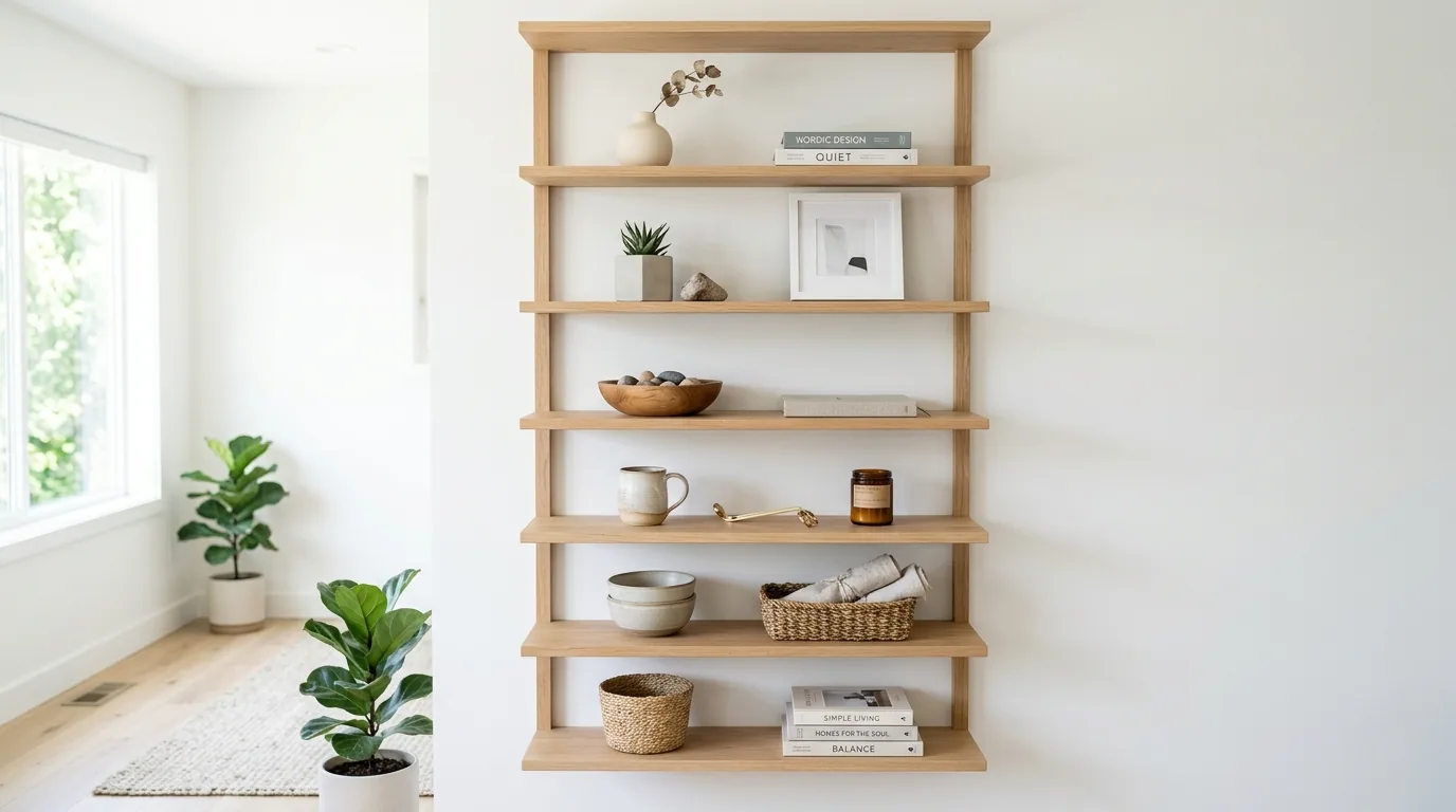 Living room shelves with layered leaning artwork behind books and vases