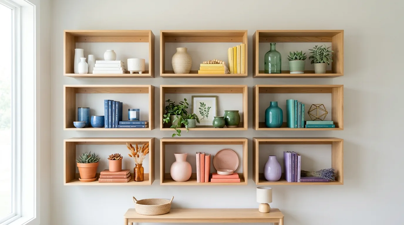 Bookshelf with repeated stone objects and tonal pottery