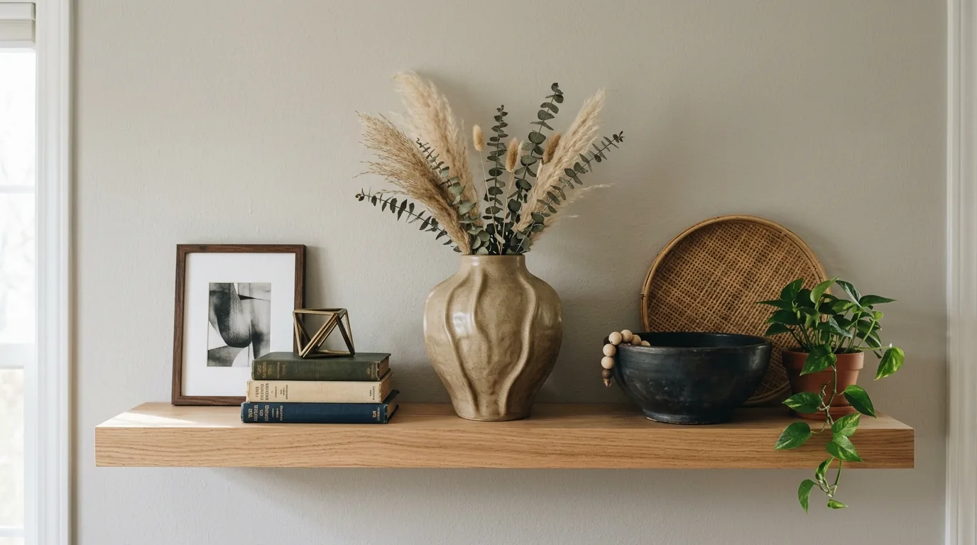 Family room shelving with closed boxes