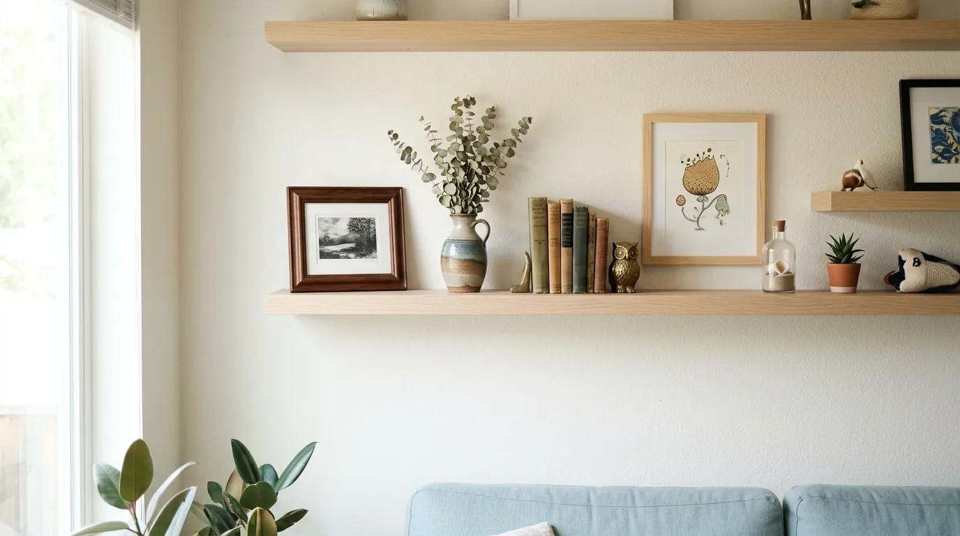 Scandinavian shelves with pale oak