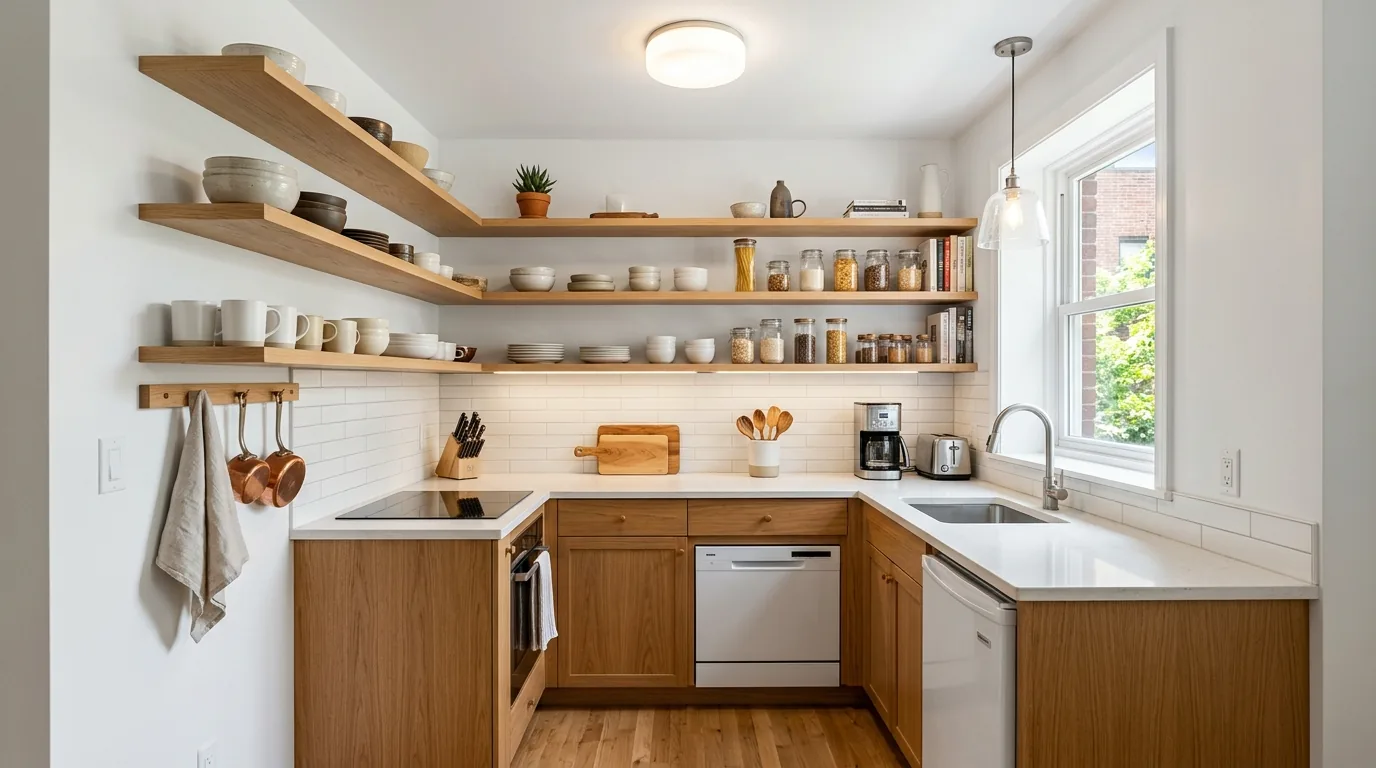 Compact kitchen with open wood shelves replacing some upper cabinets