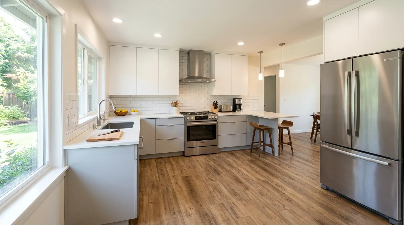 Tiny kitchen with deeper lower drawers and simple quartz-look counters
