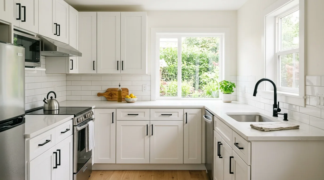 Budget galley kitchen remodel with under-cabinet lighting and pale paint color