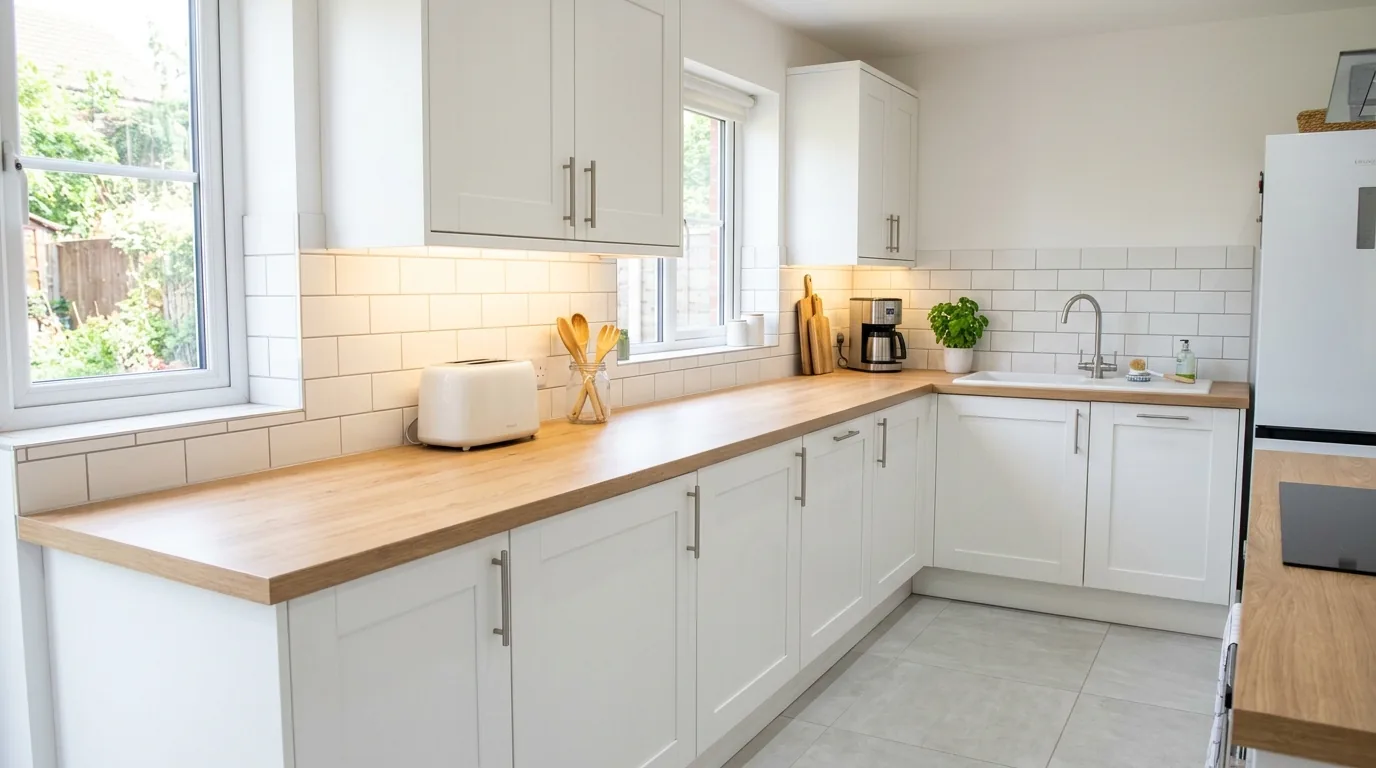 Small kitchen with laminate counters upgraded to butcher block on one run