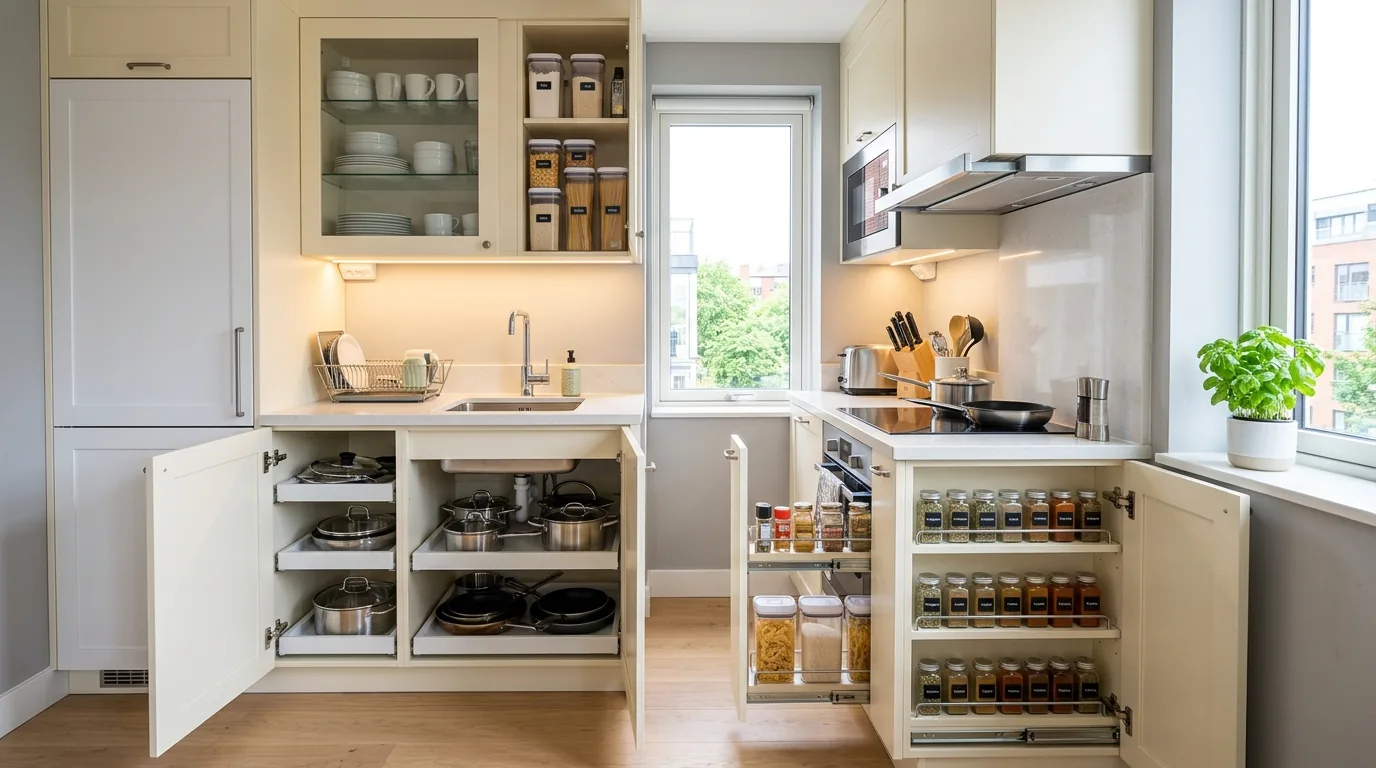 Compact kitchen remodel with slim rolling island cart and tucked stools