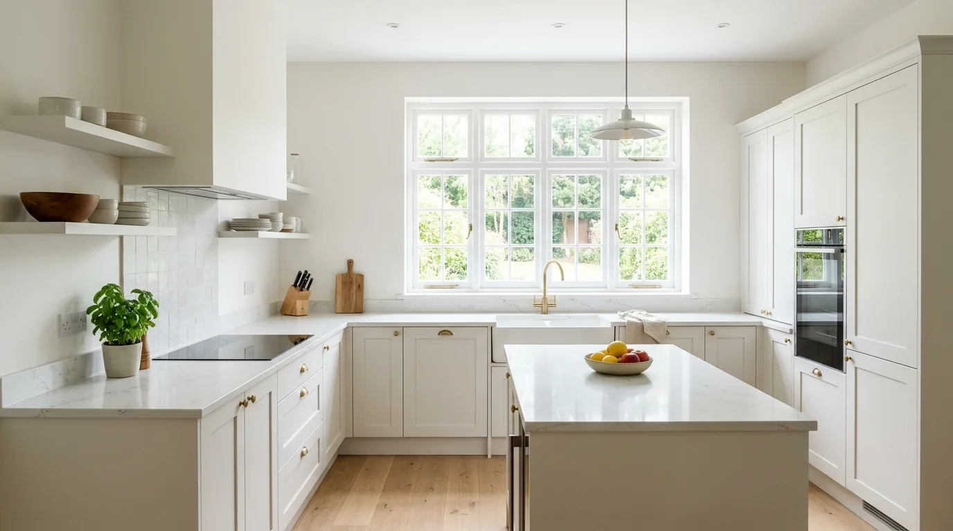Apartment kitchen with peel-and-stick backsplash style upgrade and matte black faucet