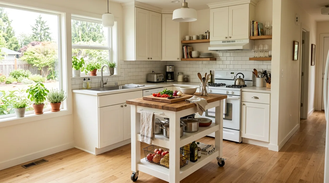 Small kitchen with pantry cabinet added to unused corner