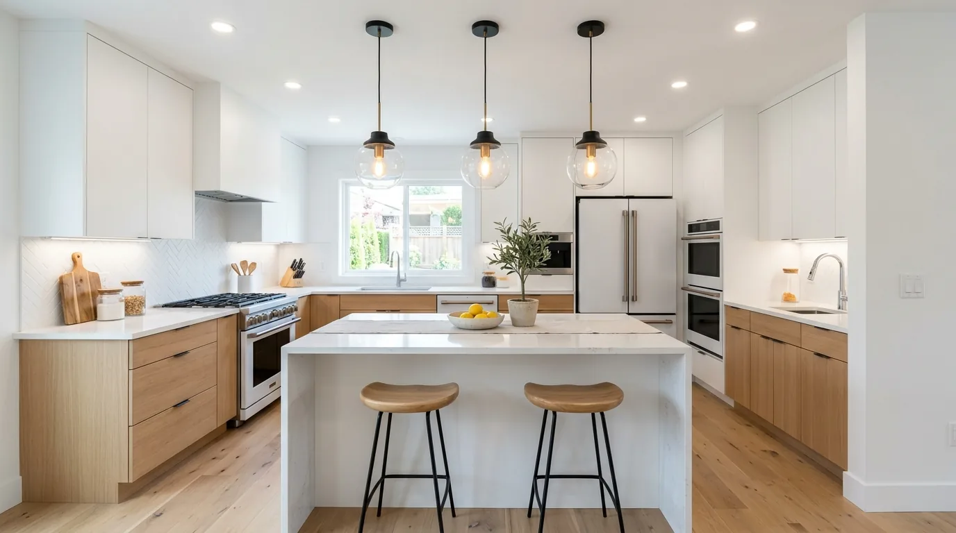 Budget remodel with one wall of cabinets removed for open shelving and better light