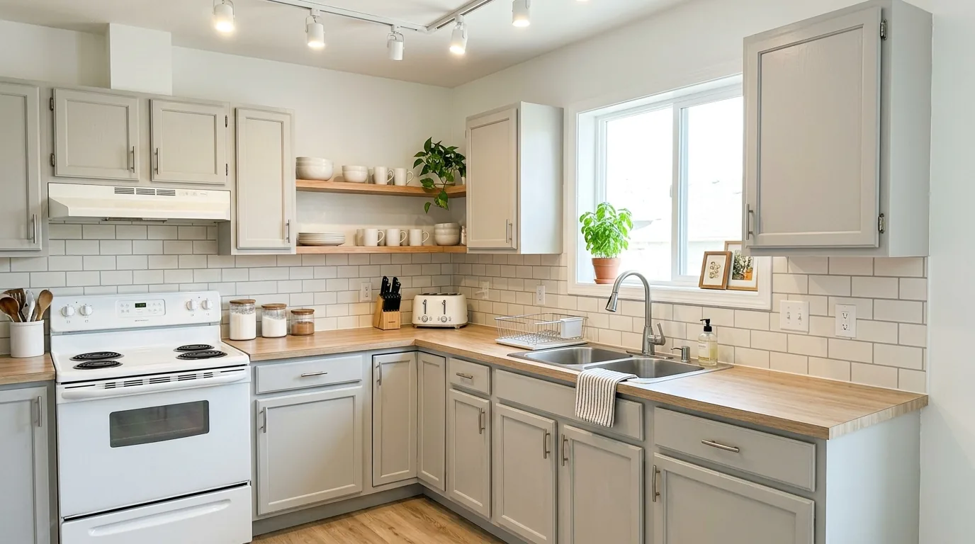 Two-tone kitchen refresh with white uppers and warm lower cabinets