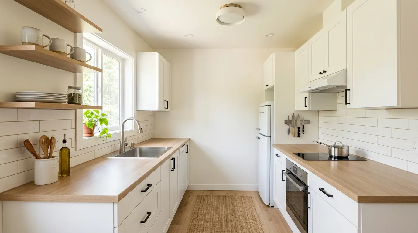 Small remodel with compact appliance swap and simplified vent hood