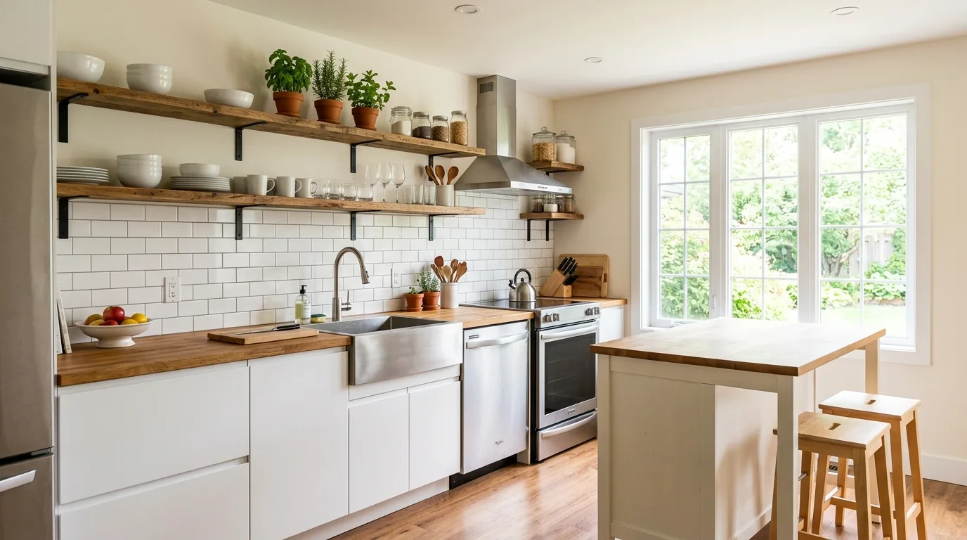 Scandinavian budget kitchen with pale oak touches and simple shelves