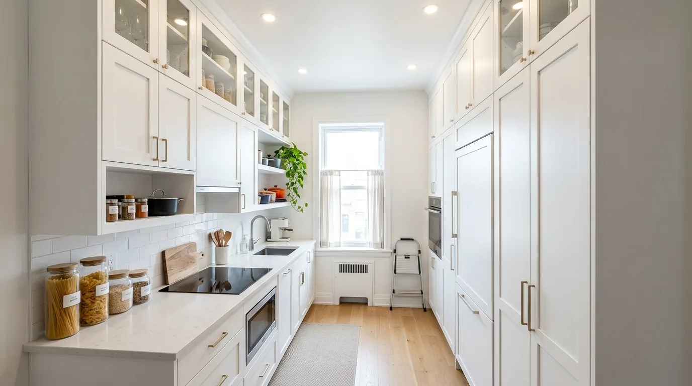 Condo galley kitchen with reflective backsplash and integrated appliances