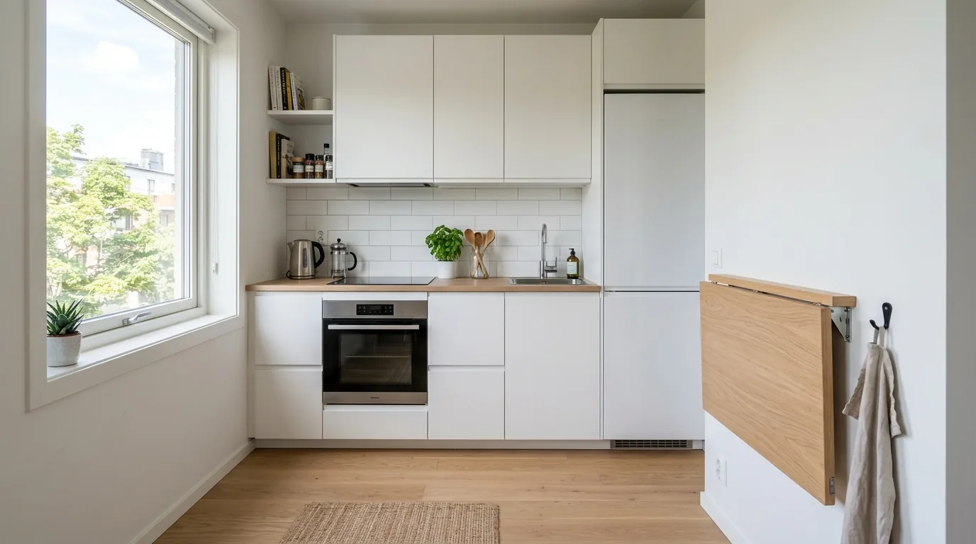 Small kitchen with rolling island cart and bar stool tuck-under seating