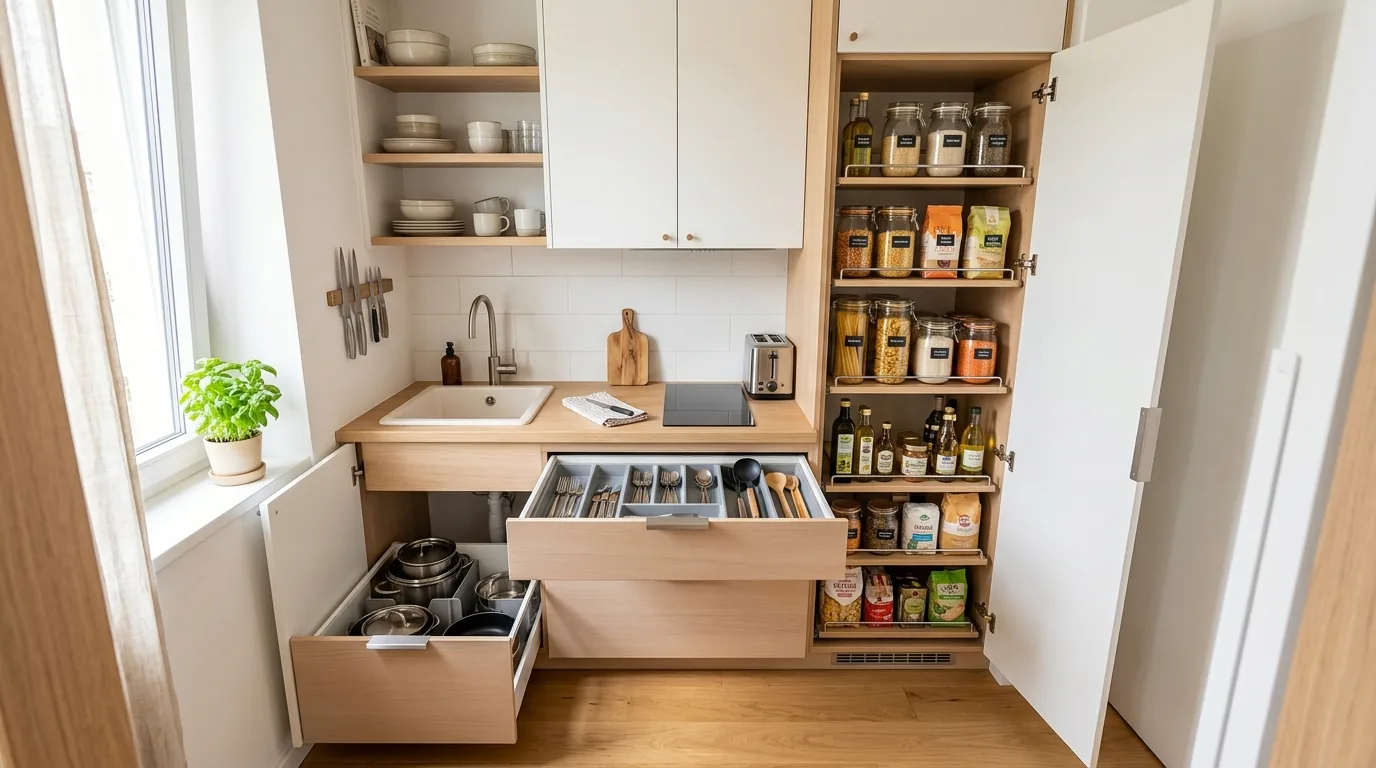 Tiny condo kitchen with floor-to-ceiling pantry tower and concealed microwave