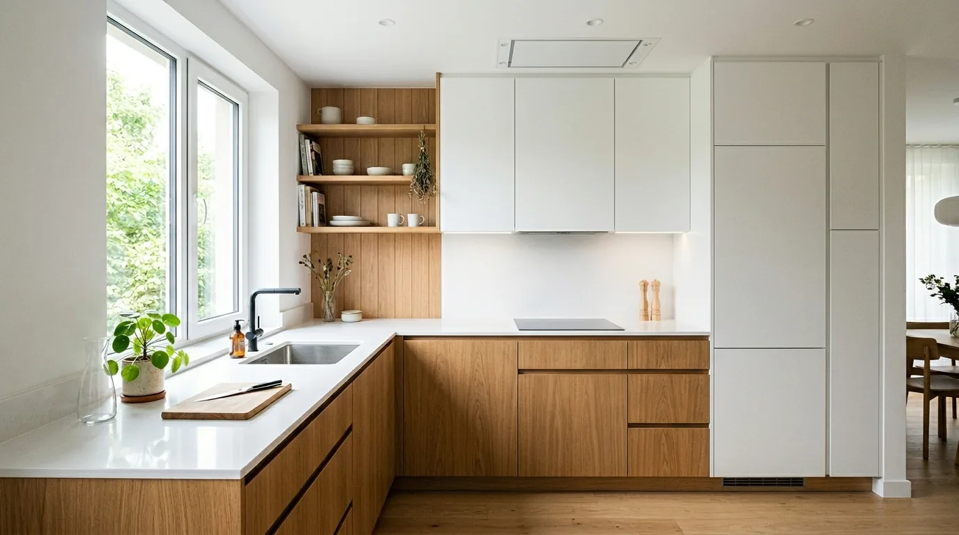 Small kitchen with fold-down dining ledge attached to wall