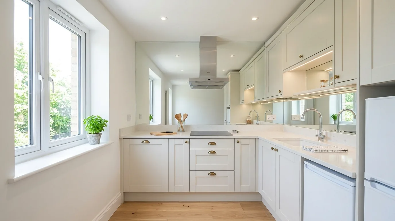 Apartment kitchen with pale wood uppers and white lowers