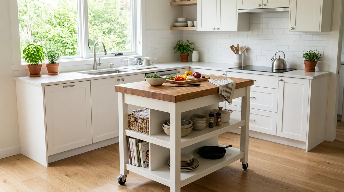 Corner kitchen with wall-mounted spice storage and magnetic knife strip
